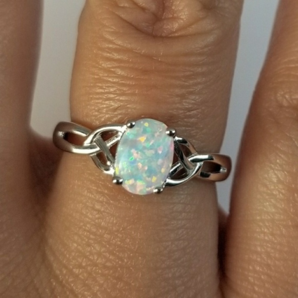 *SOLD*Sterling Silver Charmed White Lab Opal Ring